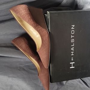 H by Halston Women's Burgundy Leather Croc Embossed Sandy Wedge